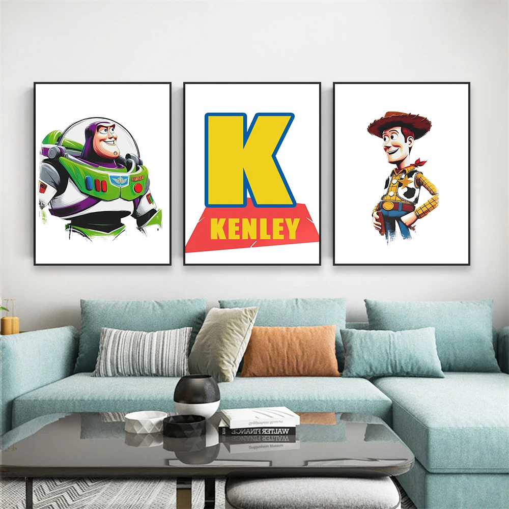 

Custom Name Poster Toy Story Movie Disney Prints Canvas Painting Personalized Name Woody and Buzz Kids Nursery Wall Art Decor