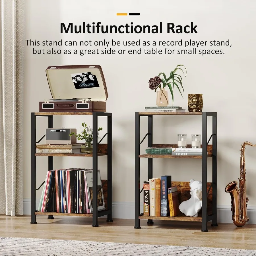 حامل مشغل تسجيل على الطراز القديم من 3 طبقات مع مساحة تخزين من الفينيل لغرفة المعيشة وغرفة النوم وطاولة نهاية خشبية بنية مع غلاف متعدد #5