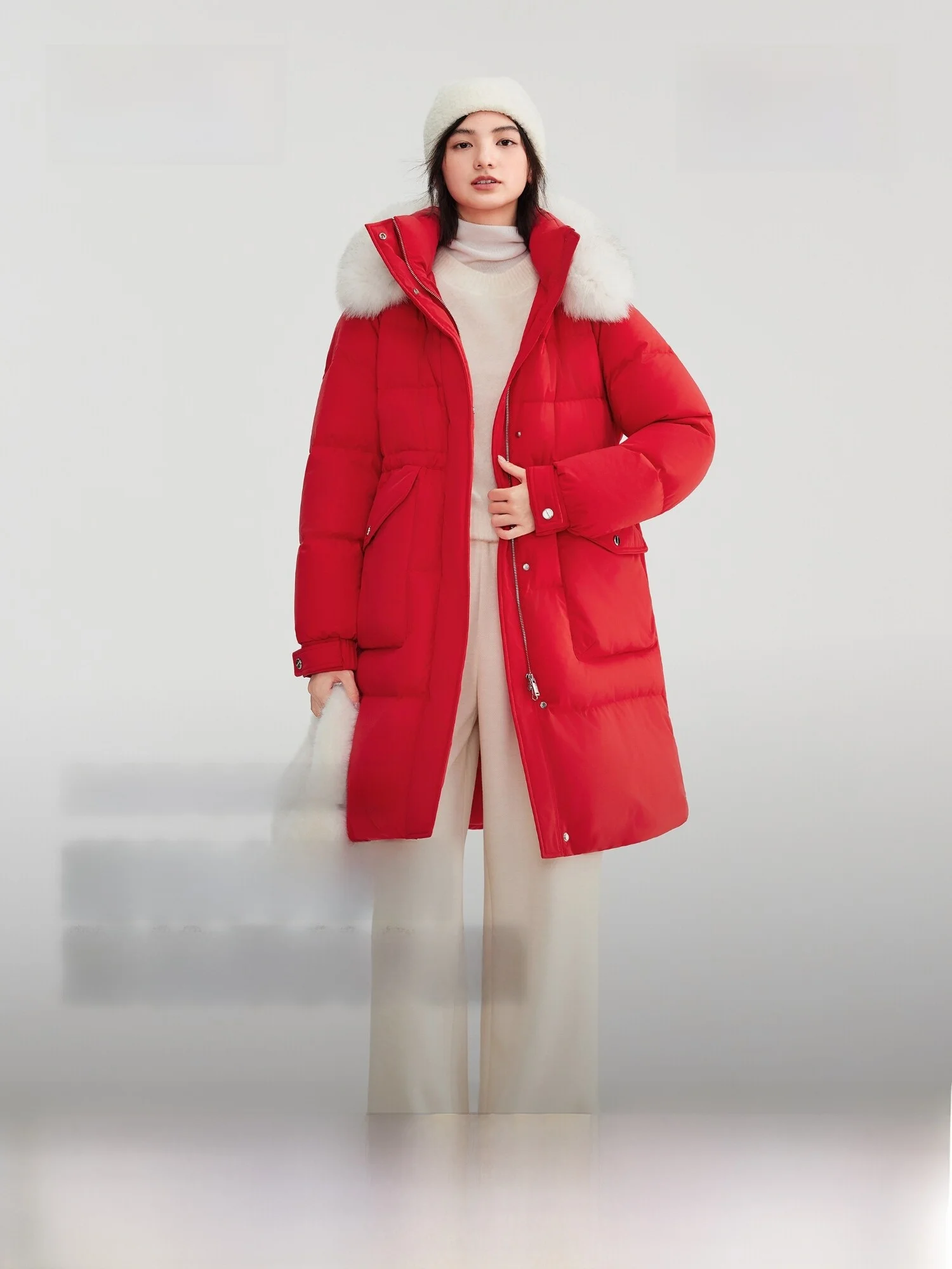 

Пуховик Bosideng женский, красный, новогодний, модный, повседневный, средней длины, теплый, с большим меховым воротником, универсальный, утолщенный, из полиэфирного волокна