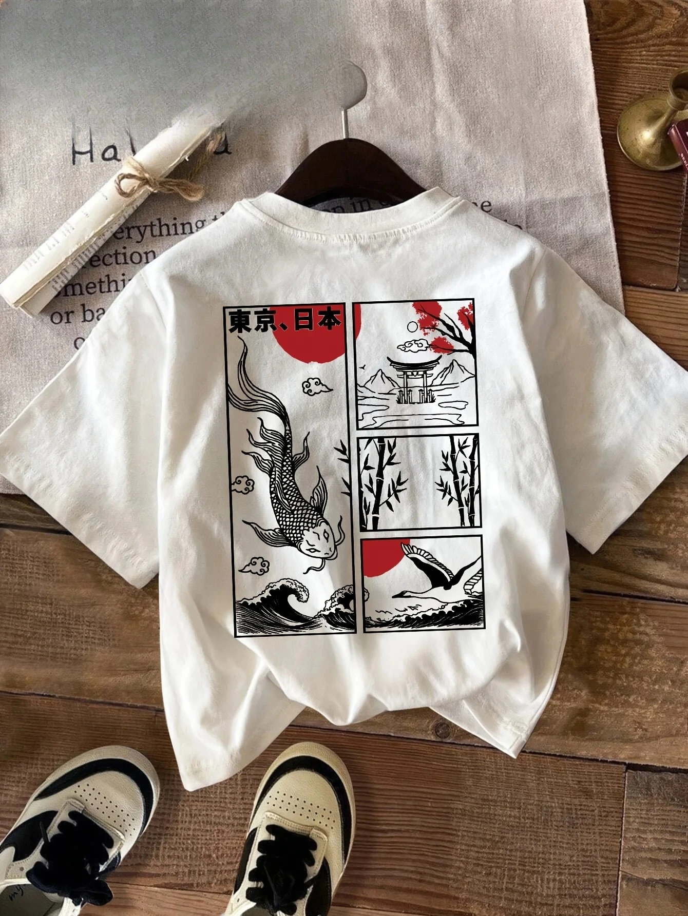 

Women's Casual T-shirt with Japanese Koi and Bamboo Print Short-sleeved Crew Neck.graphic T Shirts Summer Streetwear Personality
