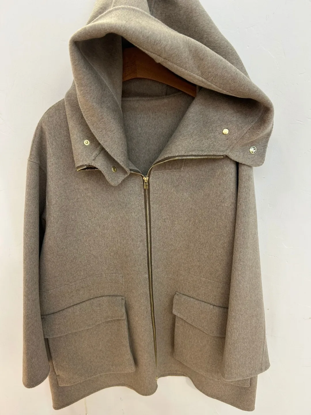 Women's Autumn Winter 2024 L*P Hooded Cashmere Wool Coat Oatmeal Zip-up Midi Jacket Coat