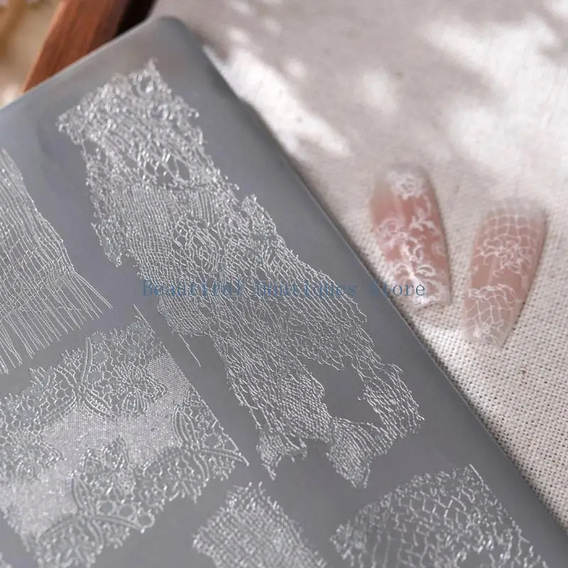 U4LF Design Transfer Plate with Lace Floral Mesh Patterns, Stainless Steel French Tip Stamping Plate for Nail Technicians and