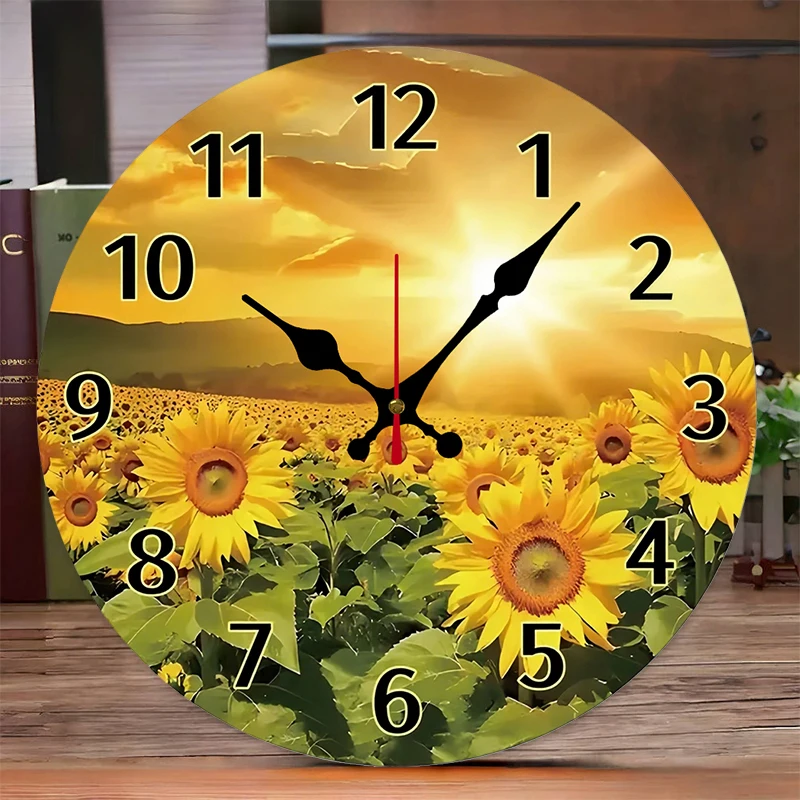 Sunflowers Design Wooden Round Silent Hanging Wall Clock, Suitable For Living Room, Office, Study Room, Bedroom, Home Decoration
