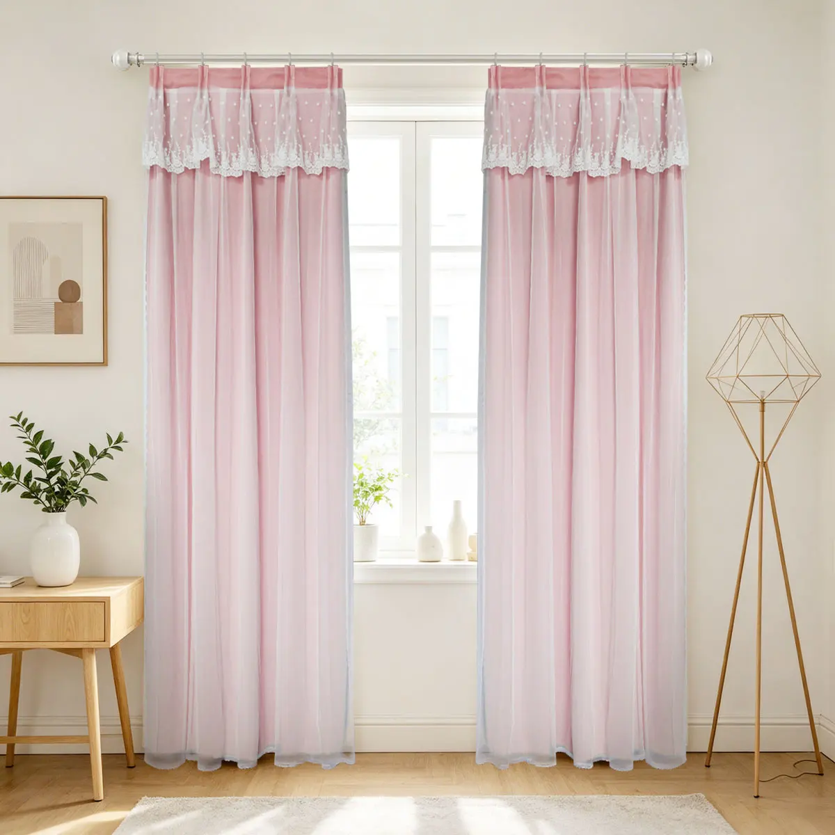Pink Double Layer Curtains 2 Panels, Pinch Pleat Tape Polka Dot Lace Sheer Light Blocking Drapes