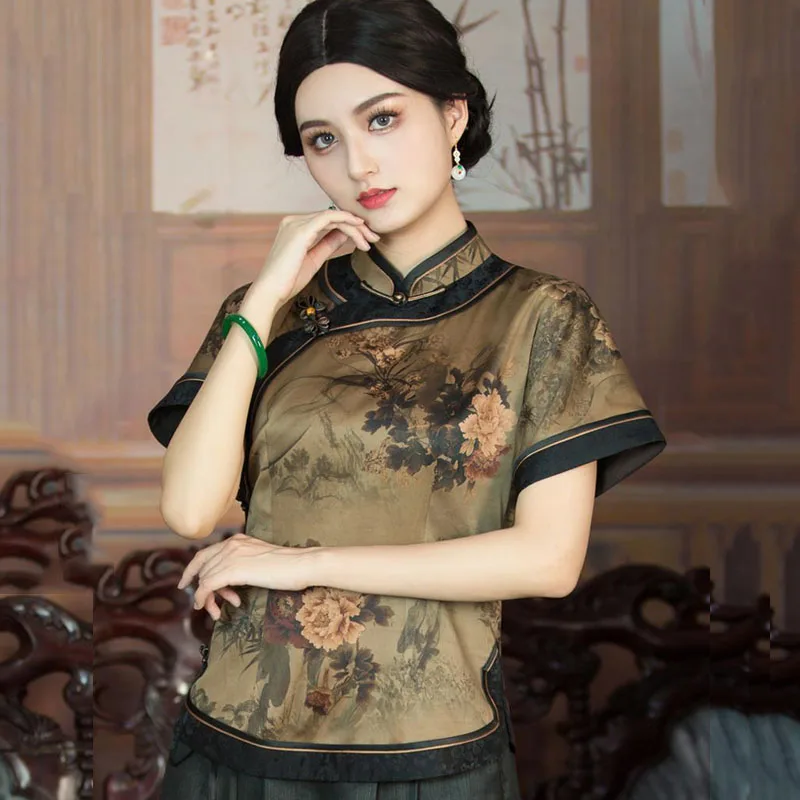 

Cheongsam Women's Plus Size Tops 2024 Summer Fashion Silk Rayon Fabric Prints Splicing Short Sleeve Chinese Style Qipao Shirts