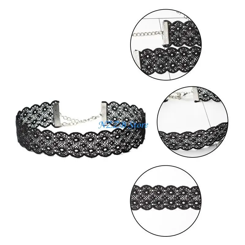 

T21F Goth Lace Choker Wide Choker Collar Gothic Black Hollow Flower