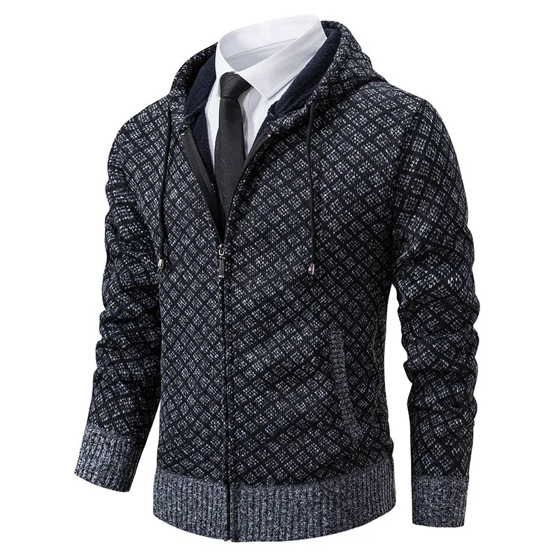 Men Hooded Knitwear Sweaters Winter Cardigans Plaid Sweatercoats Autumn Thicker Fleece Warm Slim Casual Cardigans Hoodies Coats