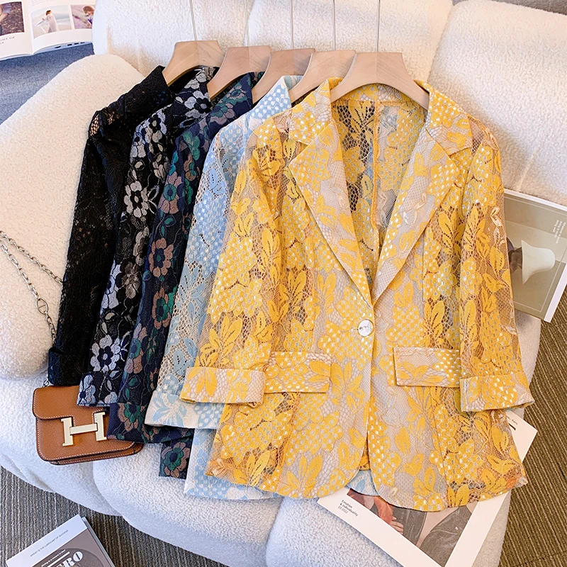 

Весенний новый костюм, модный темпераментный женский пиджак больших размеров, облегающий тонкий офисный пиджак с кружевным принтом, пальто