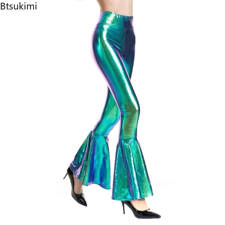 Women Sexy PU Leather Metallic Pants Shiny Holographic Flare Pants Lady Elastic Waist Flared Trousers Dance Performance Clubwear