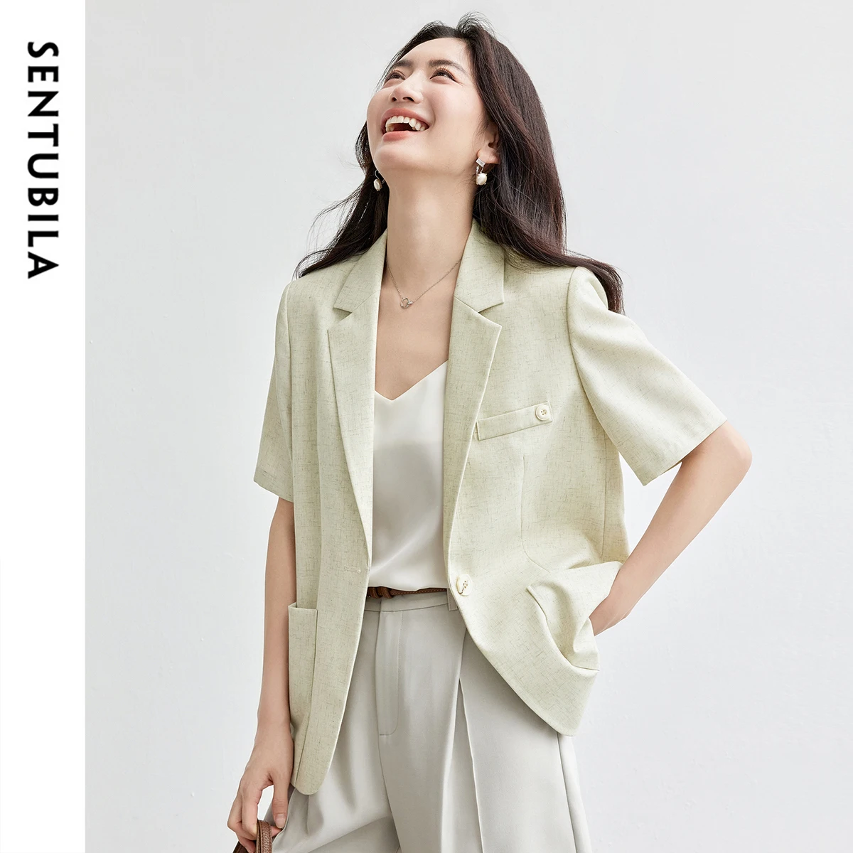 

SENTUBILA Women's Light Green Jacket Short Sleeve Notched Collar Casual Blazers 2025 Summer Formal Business Outerwear 152X87898