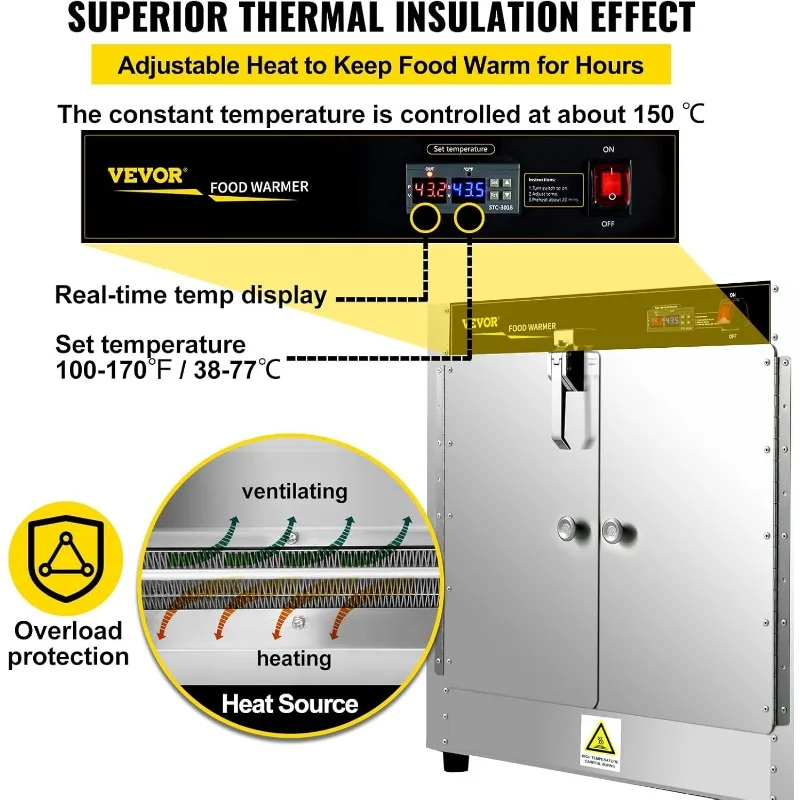 سخان طعام VEVOR Hot Box، سخان امتياز 25 بوصة × 15 بوصة × 24 بوصة مع صينية مياه، أربعة مقالي تقديم الطعام للاستعمال مرة واحدة، بيتزا على سطح الطاولة