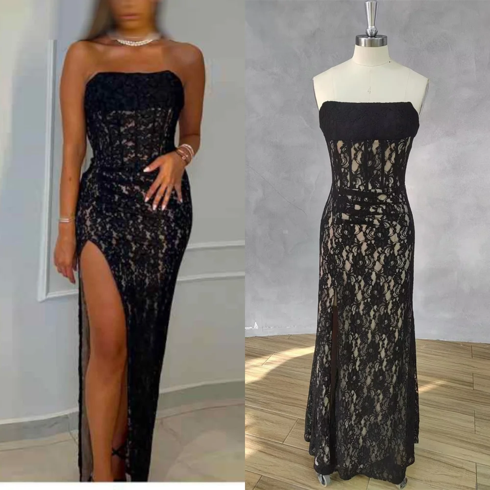 Customized Delicate Black Tulle Evening Dress Temperament Strapless Sleeveless Cocktail Dress Classic Zipper Back Prom Dress