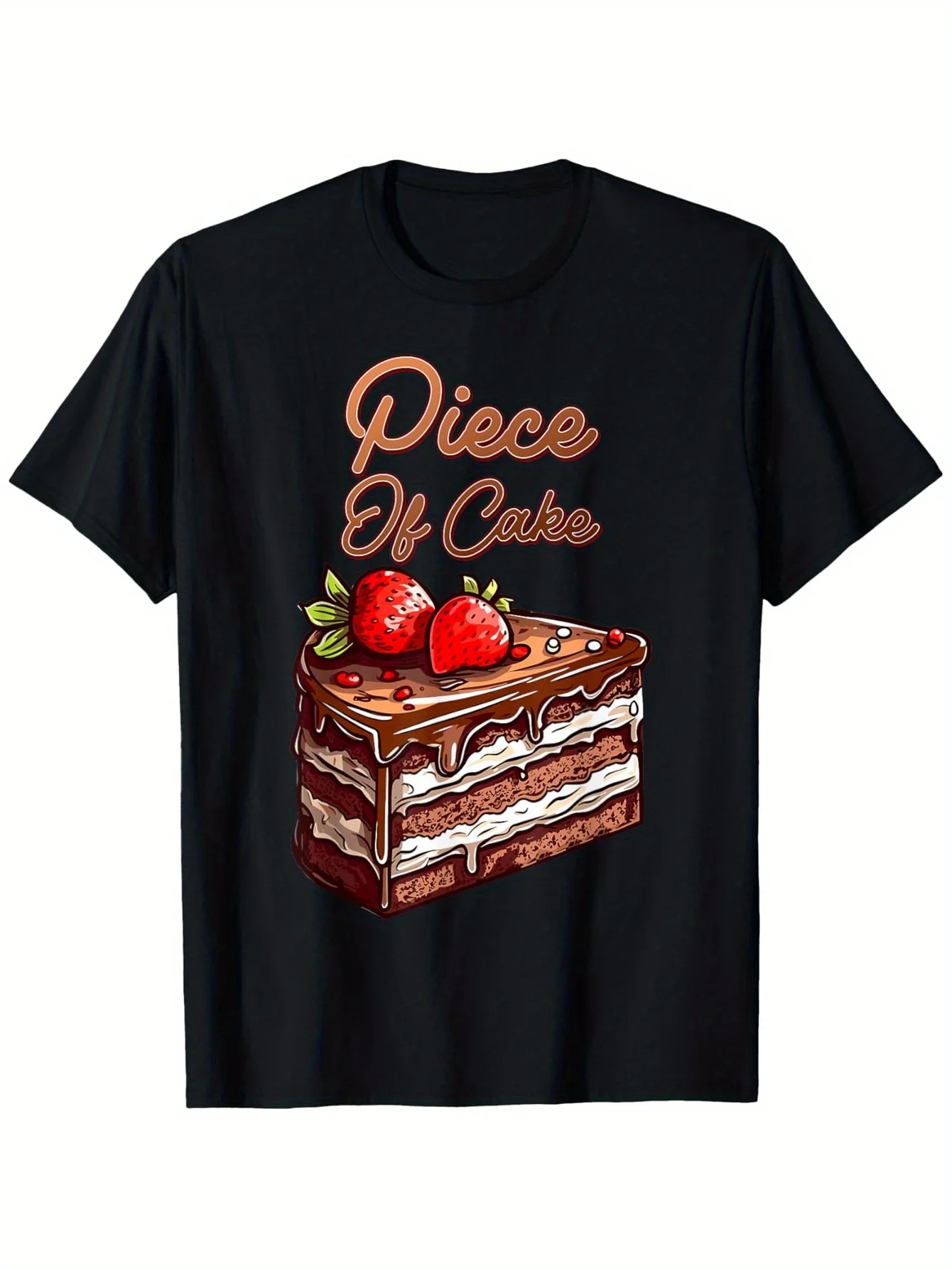 

"Piece of Cake" Food Idiom T-Shirt - 100% Cotton S-XXXL, Black Strawberry Cake Tee