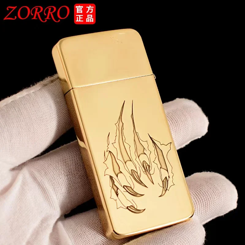 ZORRO Ultra-thin Pure Copper Double-Sided Carving Kerosene Lighter Portable Windproof Grinding Wheel Lighter Smoking Gadgets 7mm