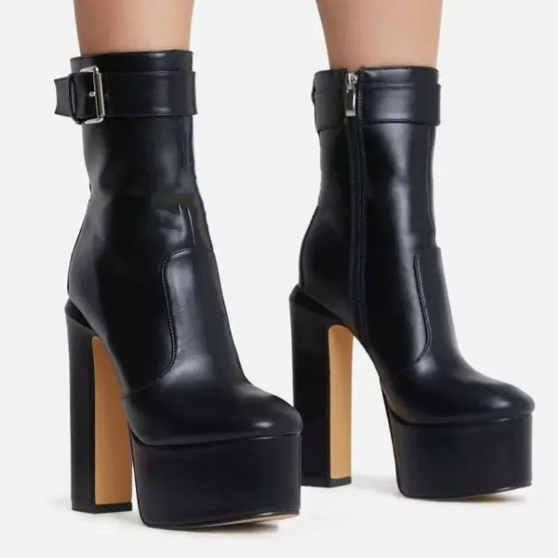 

Women's Black Leather Platform Ankle Boots Fashionable Block Heel Boots with Buckle Strap Side Zipper Edgy Glamorous Footwear