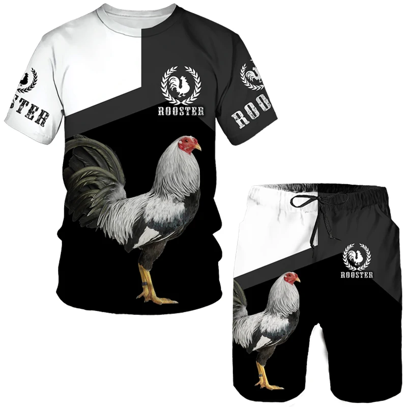 Galo caça verão masculino impressão 3d conjunto camiseta + shorts roupa agasalho galo animal mangas curtas 2 peça terno de grandes dimensões