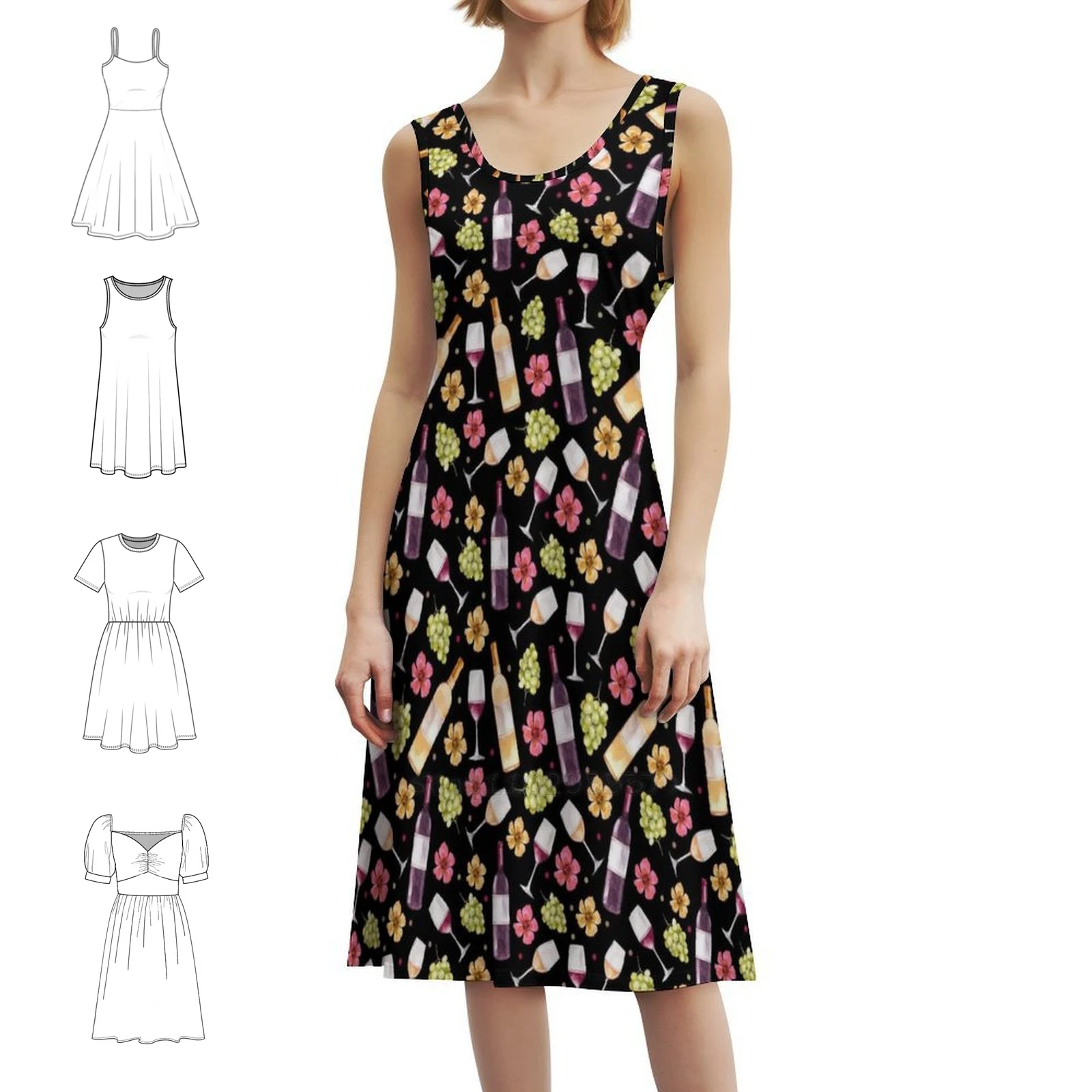 Botellas de vino rojo y blanco, uvas y acuarela, vestido bohemio elegante, moda elegante, vestido de fiesta de boda en la playa, bebedero de vino