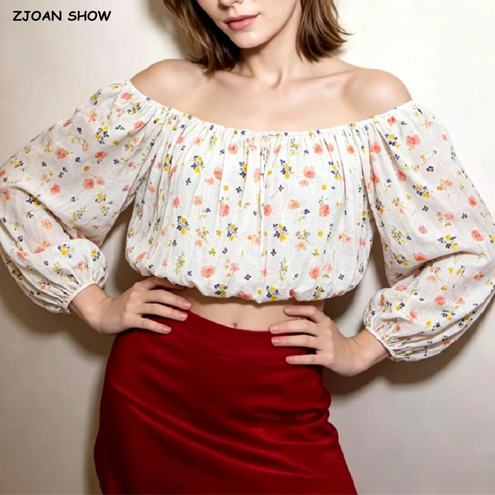 CHIC Autumn Women Beige Floral Print Elastic Slash Shoulder Lantern Long Sleeve Shirt BUD Style Pullover Short Blouses Tops