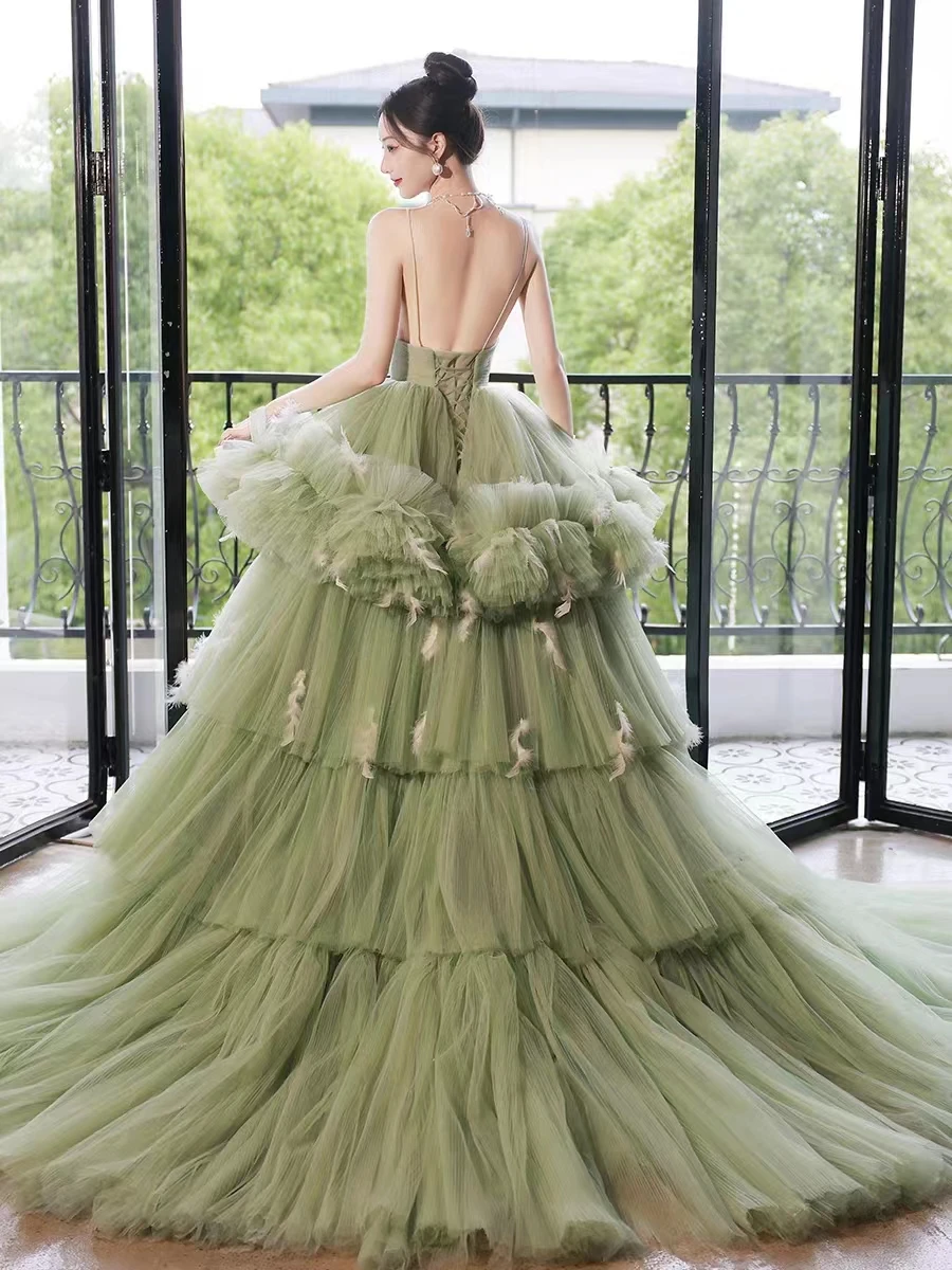 2024 French Sharon Happy Evening Dress Luxury Wedding Dress Princess Lady Backless Green V-neck Hierarchical Gorgeous Ball Gown