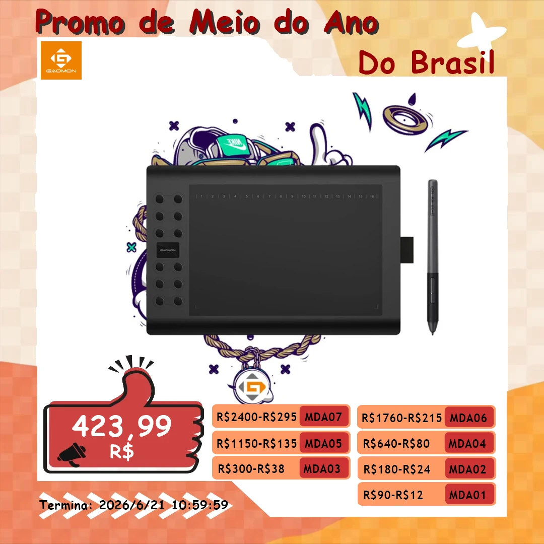 Gaomon-Tablet gráfico m106k pro 10 polegadas mesa digitalizadora, com 8192 níveis de inclinação, sem bateria, art stylus para wi