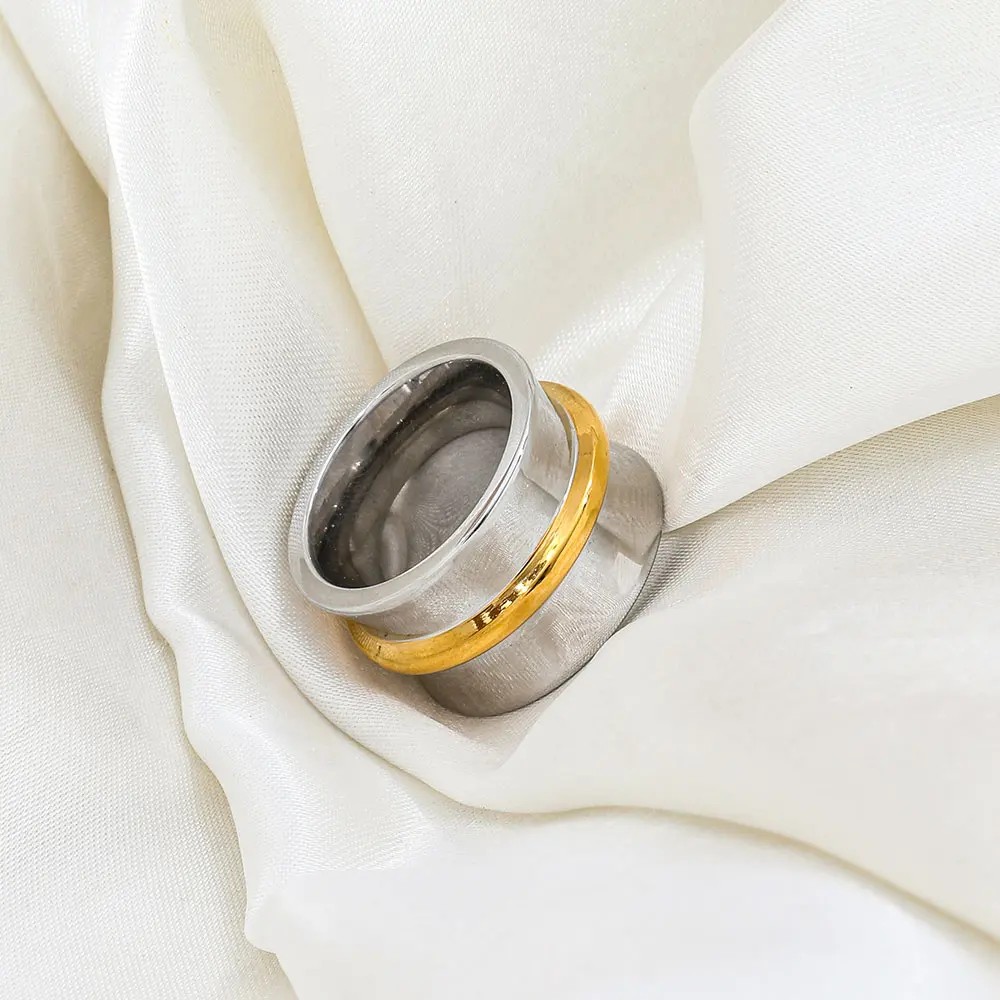 Joolim Jewelry Wholesale High End PVD No Fade Fashion Wide Chunky Statement Two-tone Band Stainless Steel Ring Trend For Women