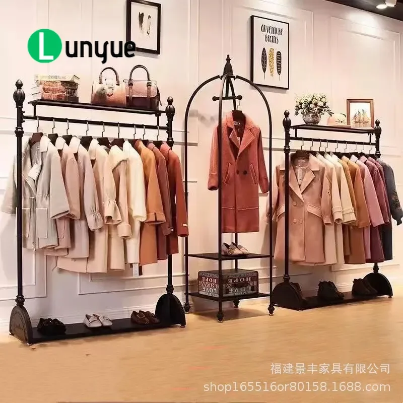 European Style Gold Wrought Iron Clothing Display Rack Floor to Ceiling Garment Shelf Side Hanging Combo for Women's Boutique