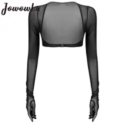 Womens See-through Open Chest Gloves Tops Long Sleeve Open Front Buckle Sheer Mesh Crop Top Cropped Shrug T-Shirts Sexy Clubwear