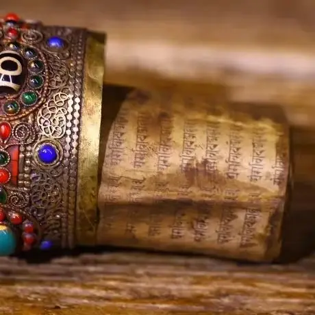 9”Old Xizang Folk Collection Old Tibetan Silver Gilded Mosaic Gem gZi Beads Prayer Wheel Old Scriptures Worship Hall