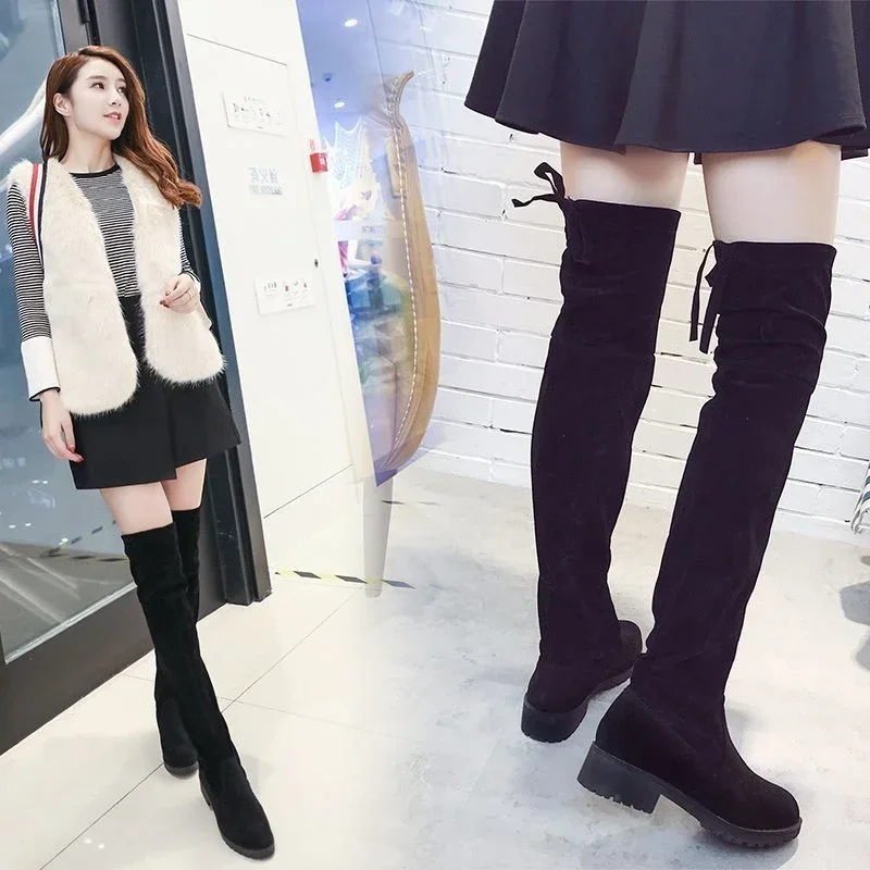 Autumn Faux Suede Women Heels Zipper Elastic Knee High Boots Women Tube Lace-up Thigh Gigh Boots Black Botas Mujer Female