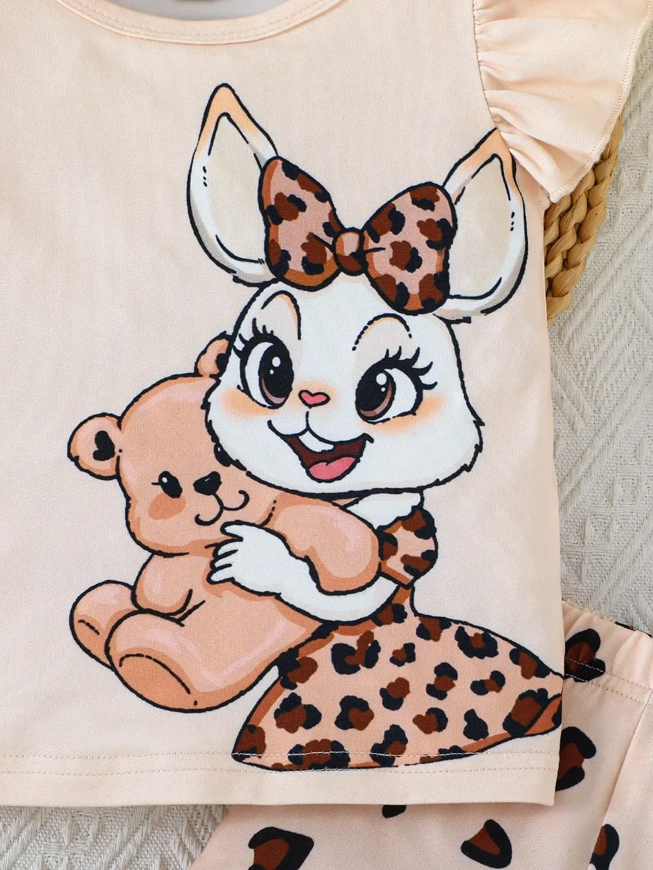 Mädchen-Outfit, 2-teilig, mit Cartoon-Kaninchenmuster, Rüschenärmeln, Leopardenmuster-Shorts, für Kinder, ideal für Sommer, Strand, Alltag, Freizeitkleidung, Set ZYD47. – Detail 7