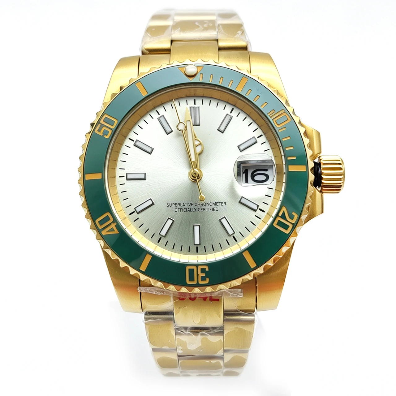 NH35 40mm Gold Plated Men's Watch, Ceramic Bezel Luminous Radiating Dial Date Sapphire Crystal Solid Caseback, Hot Sale Luxury