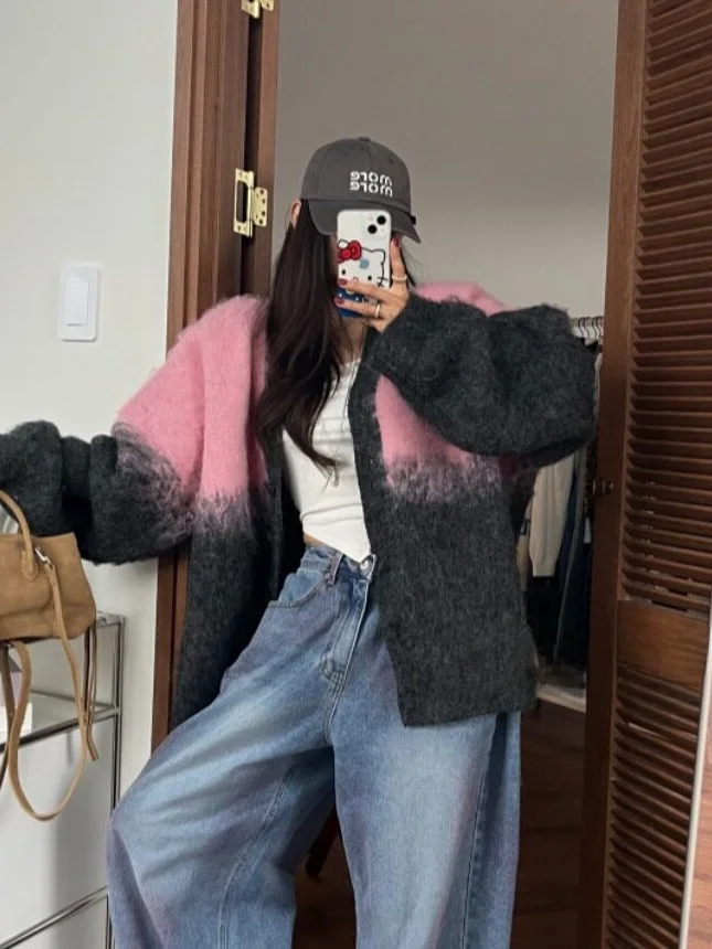 Chic Gradient Color Thickened Knitted Loose Sweater Cardigan Outerwear Dongda Gate Style for Young Women Spring Autumn Winter
