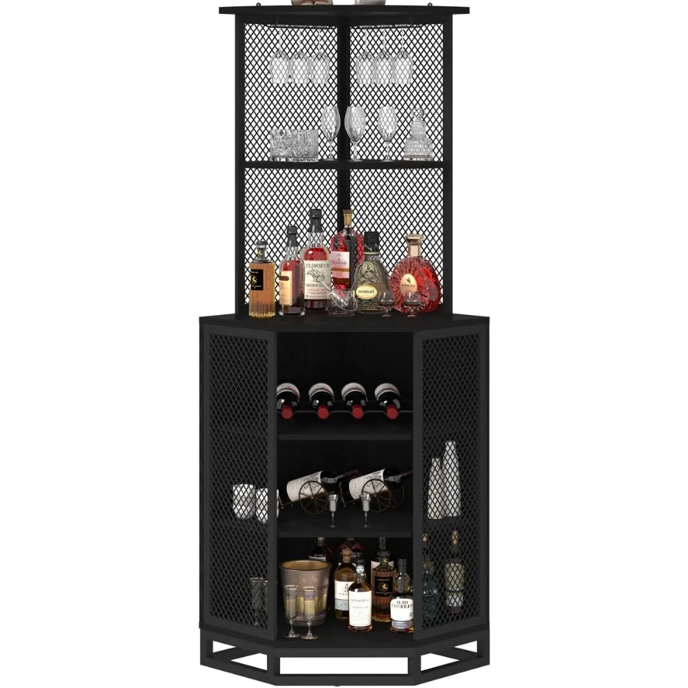 Hoekkast in industriële stijl met 5 planken en glazen rek voor thuisbaropslag