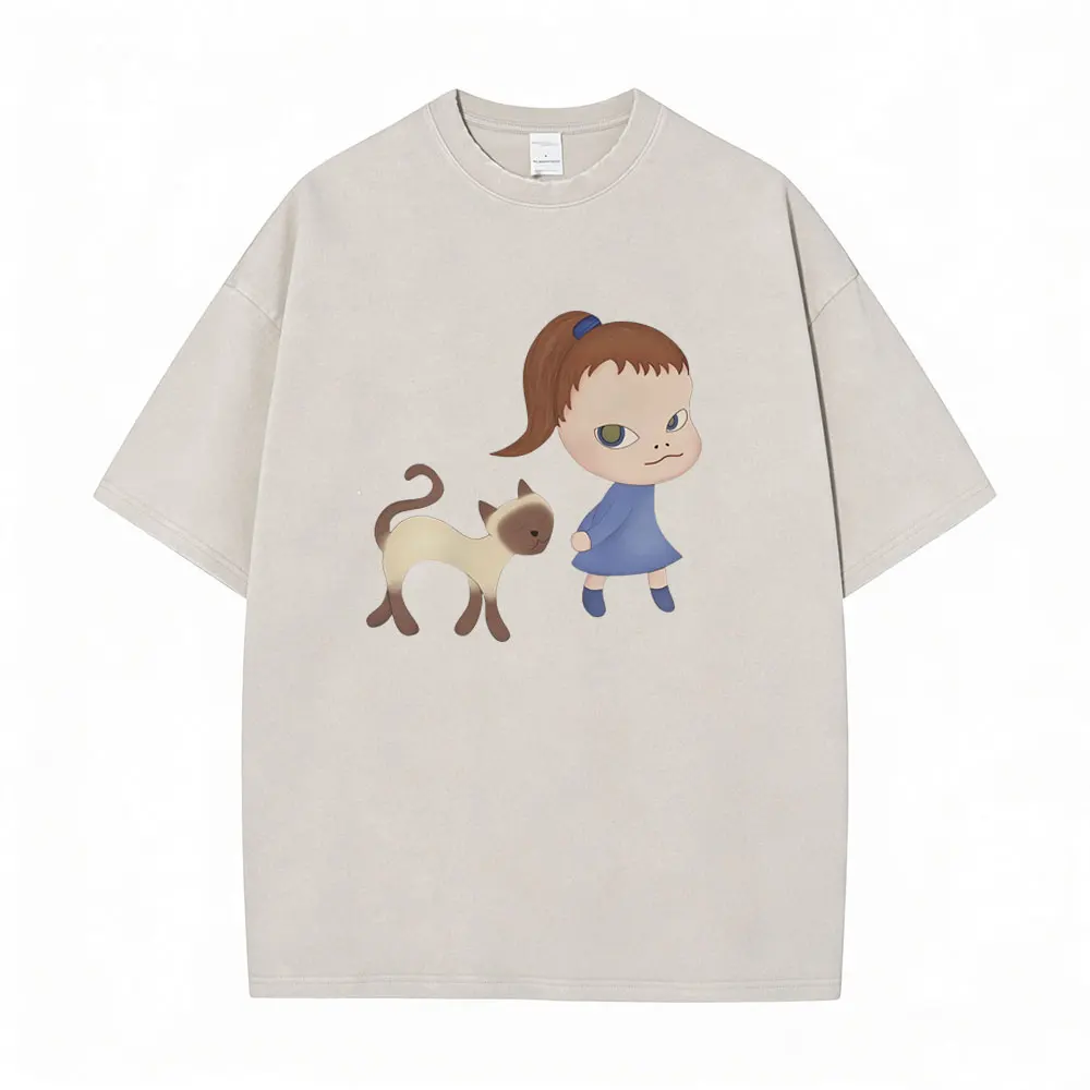 Yoshitomo Nara Graphic Funny Vintage Washed T-shirt Men Women Casual Oversized T Shirt O-collar Cotton Short Sleeve Streetwear