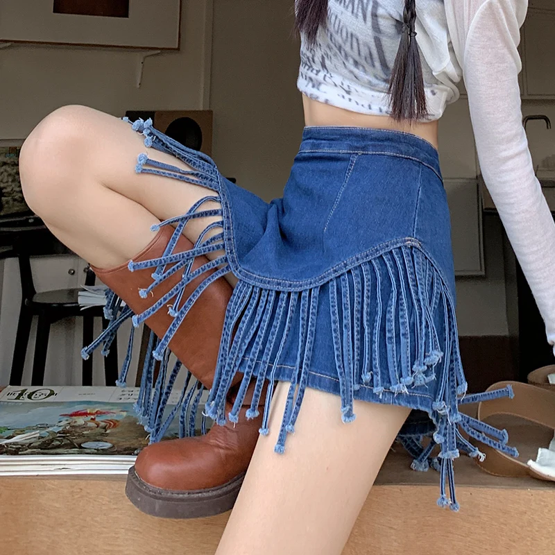Spice Girl-falda vaquera azul con borlas para mujer, minifalda envolvente ajustada de cintura alta, falda vaquera Irregular Y2K para verano
