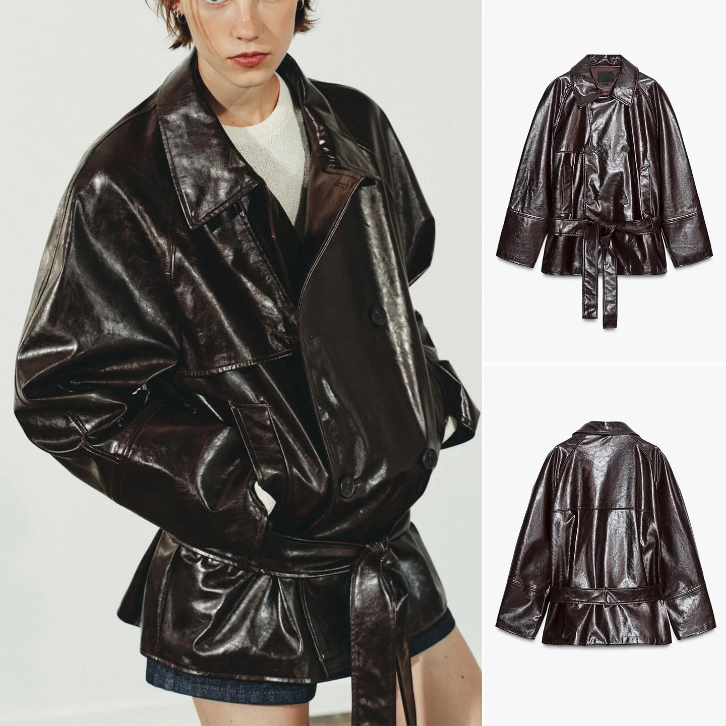 

Fall 2025 Women's ort Coat with Belt kets PU Leather Long Sve Turn-down Collar Matching Vest Casual Commute Sle