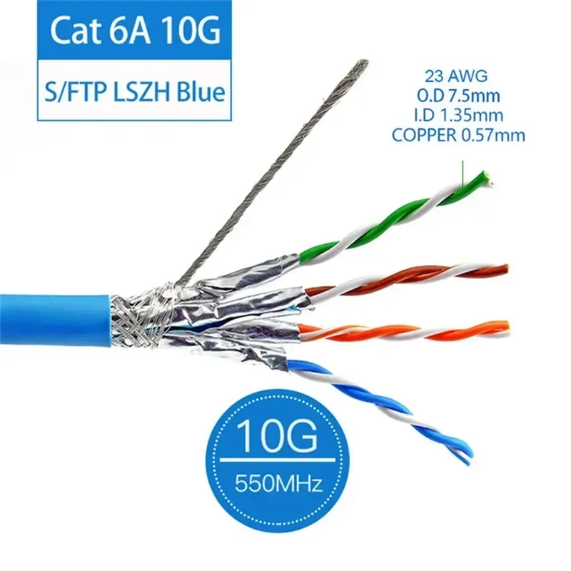 23AWG Cat6a Ethernet Cable 30M 10m 50M CAT 6A Networking Cabo RJ45 S FTP Installation Double Shield Copper 0.57mm 10G Lan Wire