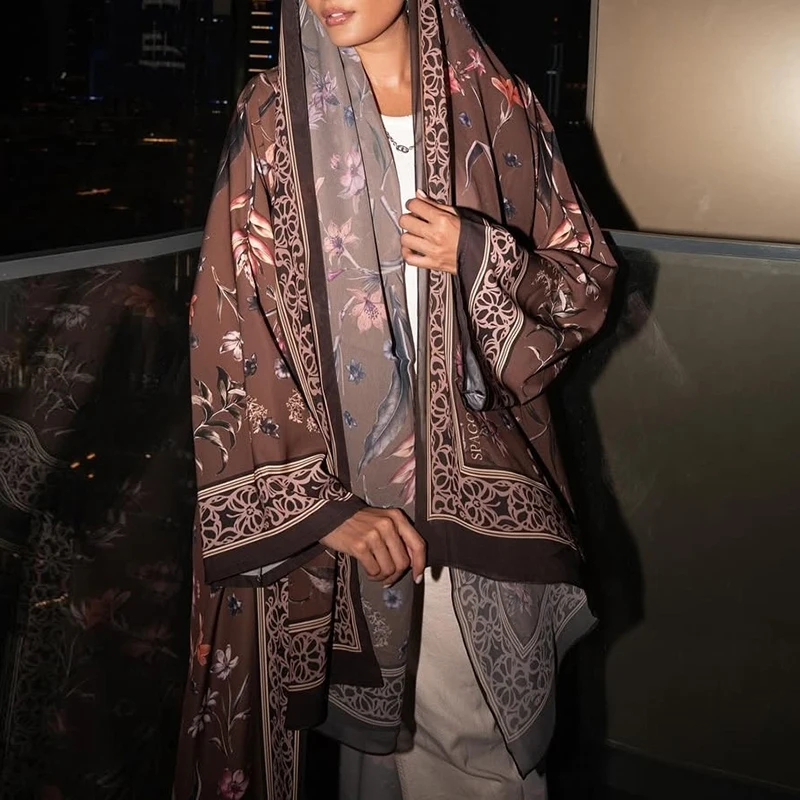 Floral Print Long Sleeved Loose Muslim Cardigan Elegant High Street Swing Vacation Jackets 2025 New Women's V Neck Autumn Coat