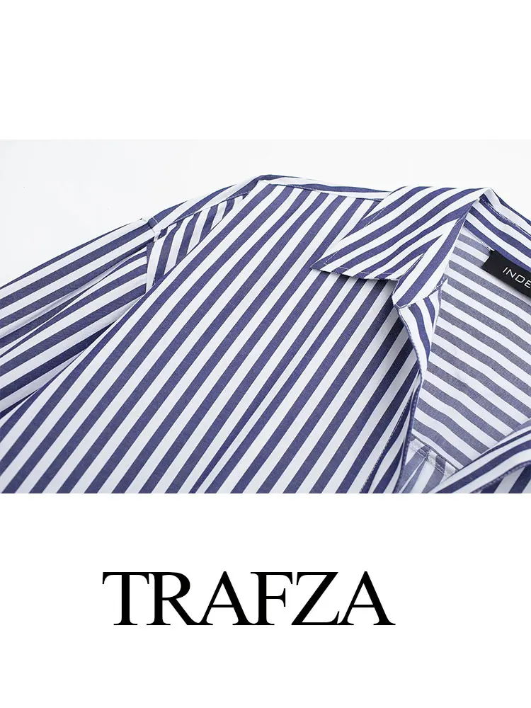 TRAFZA 2024 Spring New Women\'s Poplin Office Shirt Chic V Neck Single Breasted Elegant Women\'s Striped Casual Shirt Streetwear