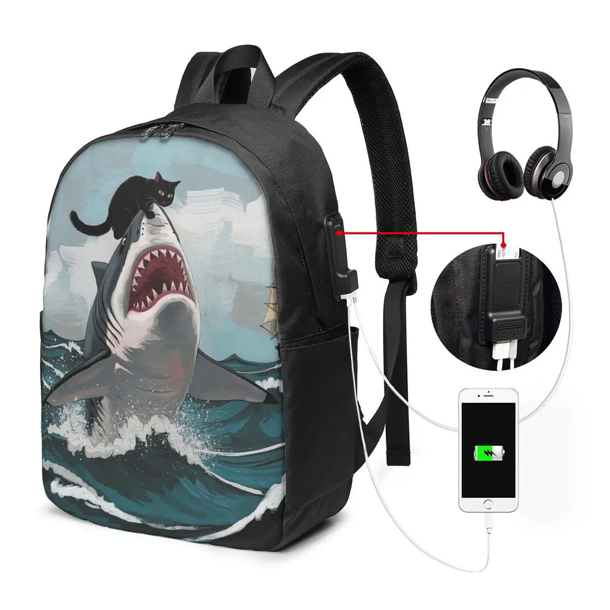 Funny Black Cat And Shark Backpack Travel Notebook Bag Computer College Student School Bag Laptop Shoulder Bags for Men Women