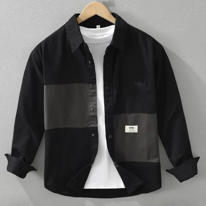 Japanese American Splicing Contrast Color Long-sleeved Shirt Men's Thin 2025 Spring Autumn New Workwear Casual Jacket T-Shirts