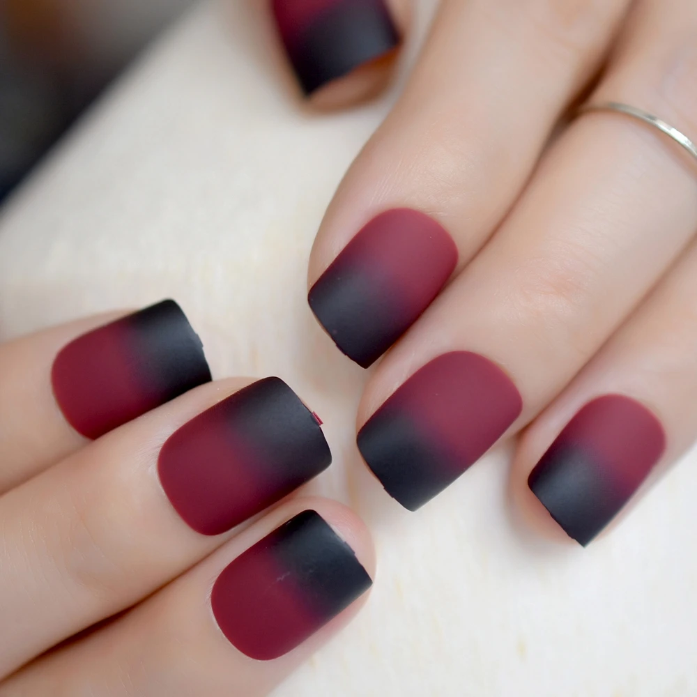Gradient Frosted Fake Nail Artificial Nails Black Red Wine Matte Nail Tips for Acrylic Nails Square Tip Kit with glue sticker image 4