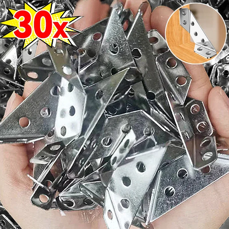 30/1x Stainless Steel Furniture Corner Brackets Angle Universal Shelf Fixing Corner Connector for Cabinet Brace Kits with Screws