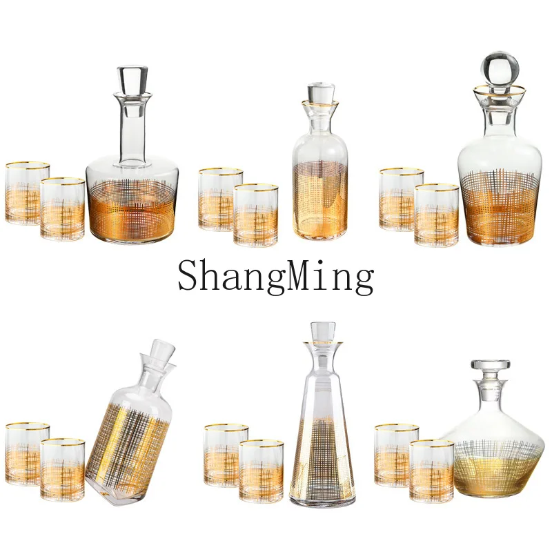 DSA Modern Light Luxury Gold Grid Line Crystal Glass Wine Set Model Room Wine Set Ornament