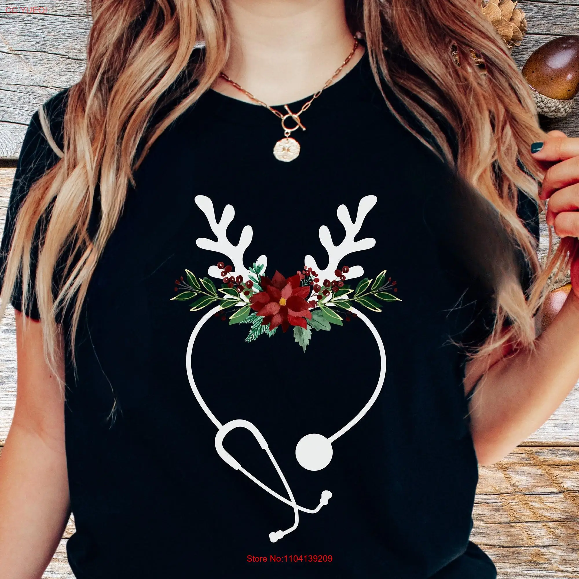 Christmas Nurse T Shirt Stethoscope RN Reindeer Antlers Cardiac ICU Nursing Student Graduation Holiday Er Nicu CVICU