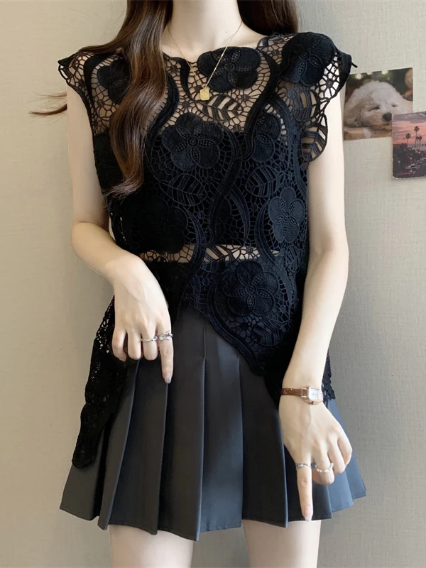 Hollow out Vest Top Women's Layered Wear Summer plus Size Irregular Sleeveless Outerwear Transparent Cover up Commute Style