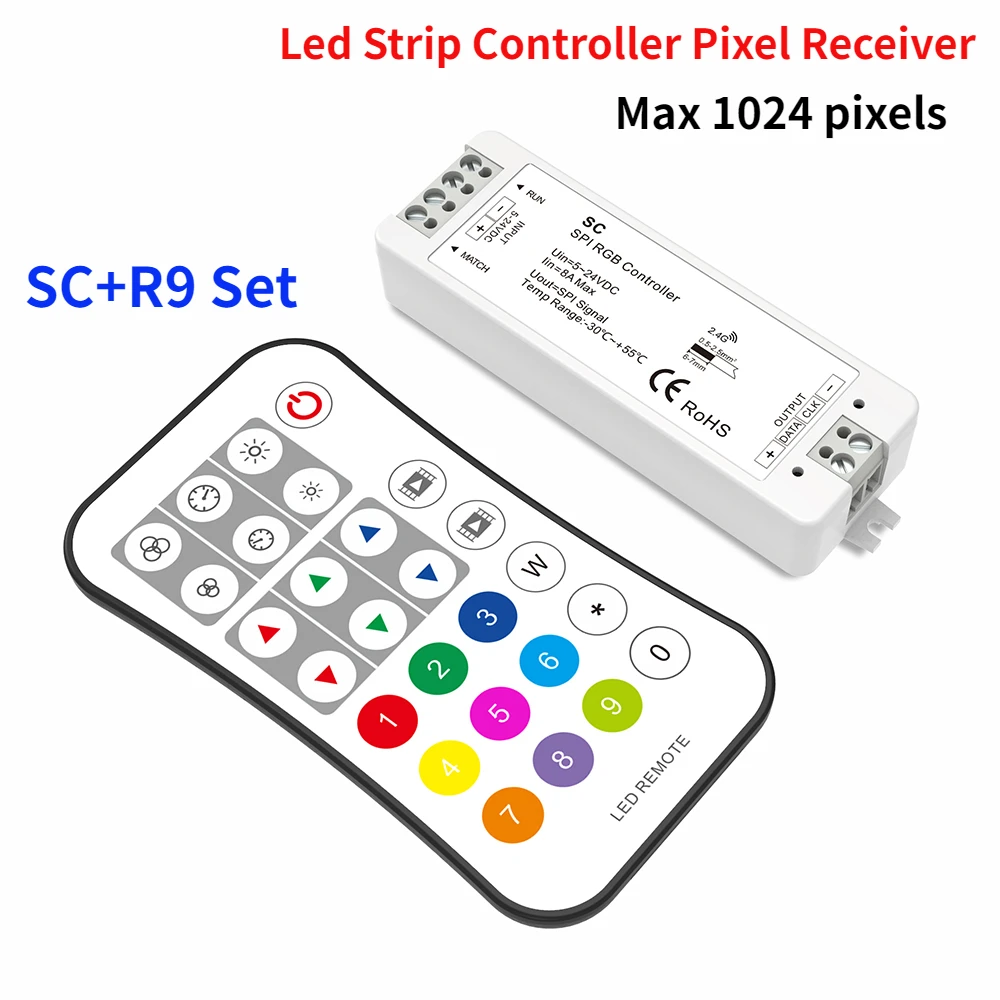 Skydance 5-24V DC Led Strip Controller RF SPI Pixel Receiver SC+R9 Set For Ws2801 Ws2812 Ws2811 Sk2812 1903 RGB / RGBW LED Lamp