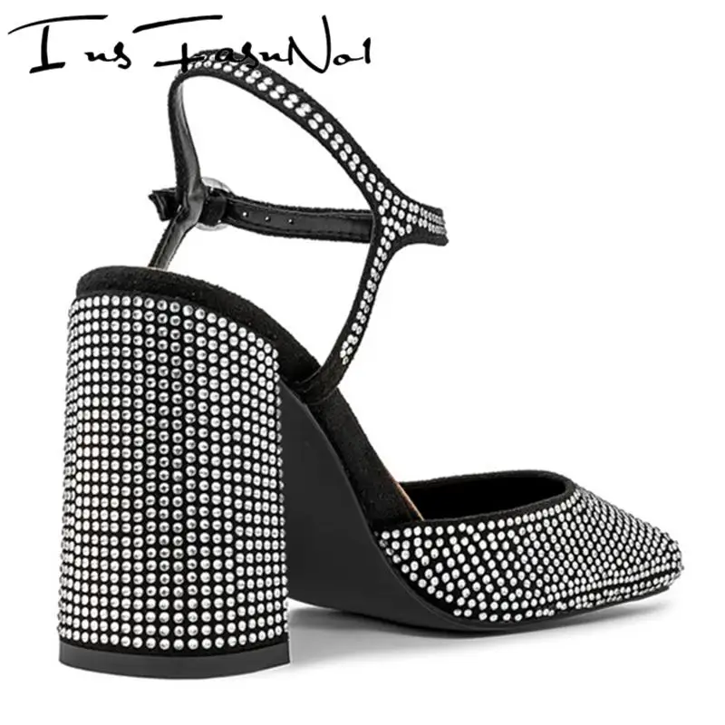 Fashion Rhinestones High Heel Modern Sandals Large Size Square Toe Buckle Strap Single Shoes Female All Match Increasing Shoes