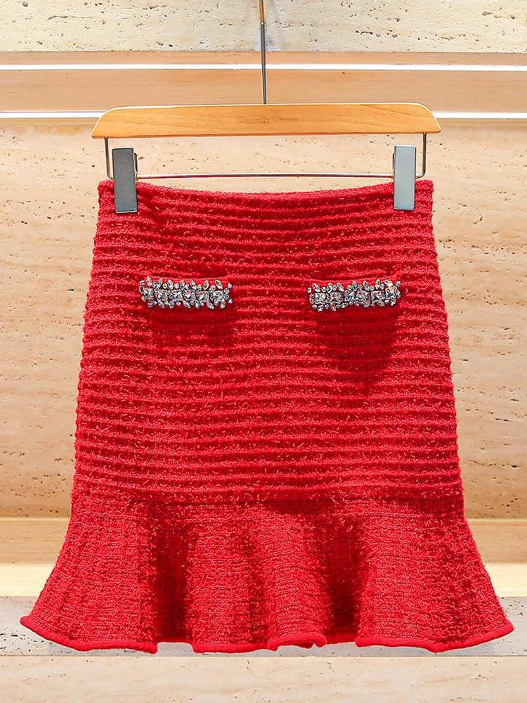 

Red Knitted f Skirt for Women Diamond Embedded New Year High Waist A-Line Skirt Simple Sle Polyester Fiber ort Skirt