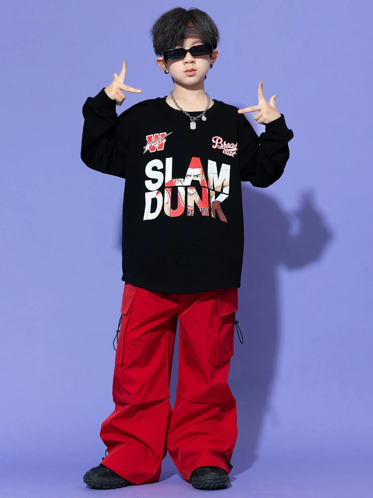 Trajes de baile moderno de Jazz para niños, Sudadera negra, pantalones Cargo rojos, traje para niñas, ropa de baile de Hip Hop para Rave, DQS14187, 2023